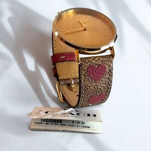 Coach Perry Brown Signature Canvas & Red Heart Watch NWT